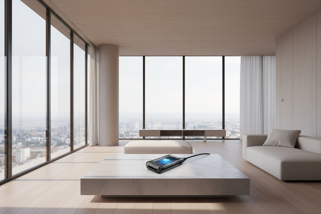 E-Marker Chip with Baseus branding on a centre table.