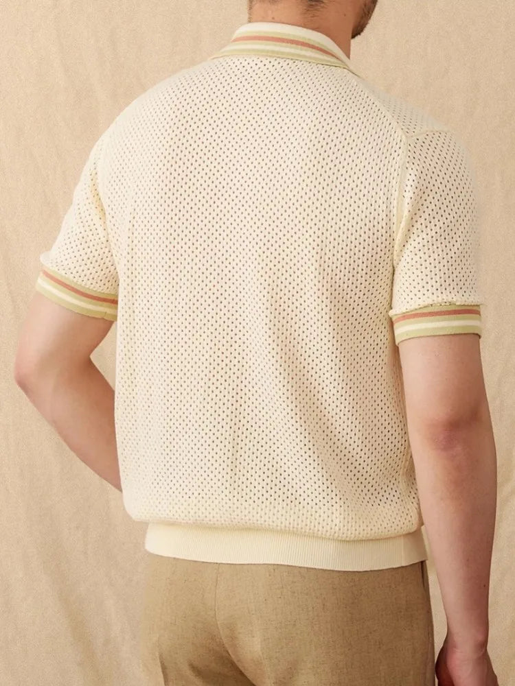 Summer Men's Breathable Hollow Out Knitted Shirt Business Casual