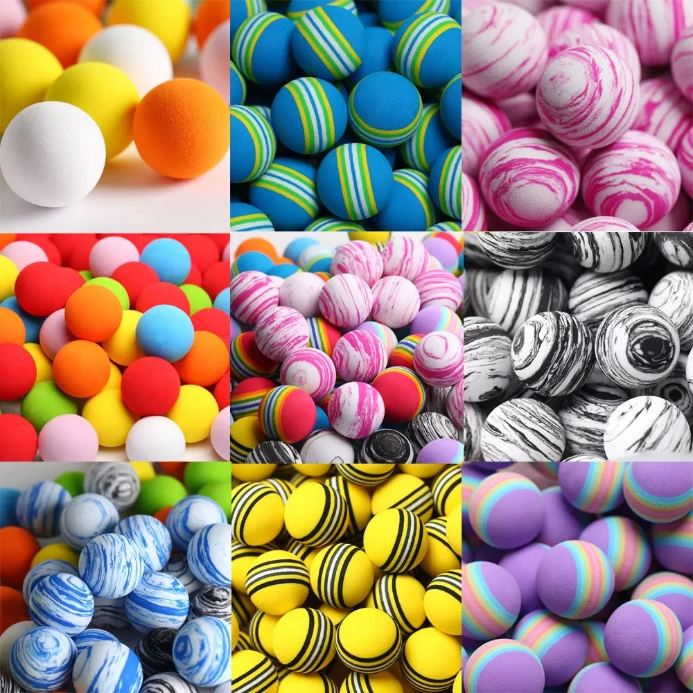 Collection of Foam golf balls UK in various colorfs marbled and striped.