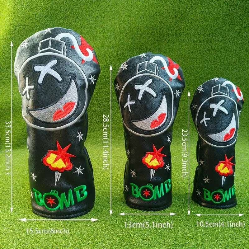 golf club cover UK Golf club head covers with bomb design and measurements on a green background 