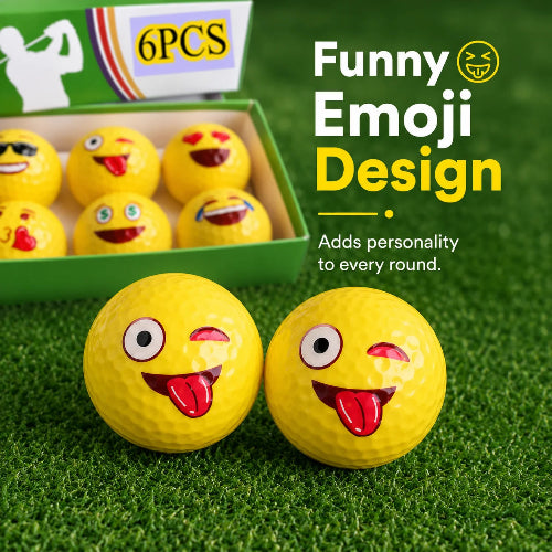
funny emoji golf balls -
Two yellow golf balls with funny emoji faces (winking eyes and tongue sticking out) are shown on green grass in front of a box of six more emoji golf balls. Text on the right reads 'Funny Emoji Design'.