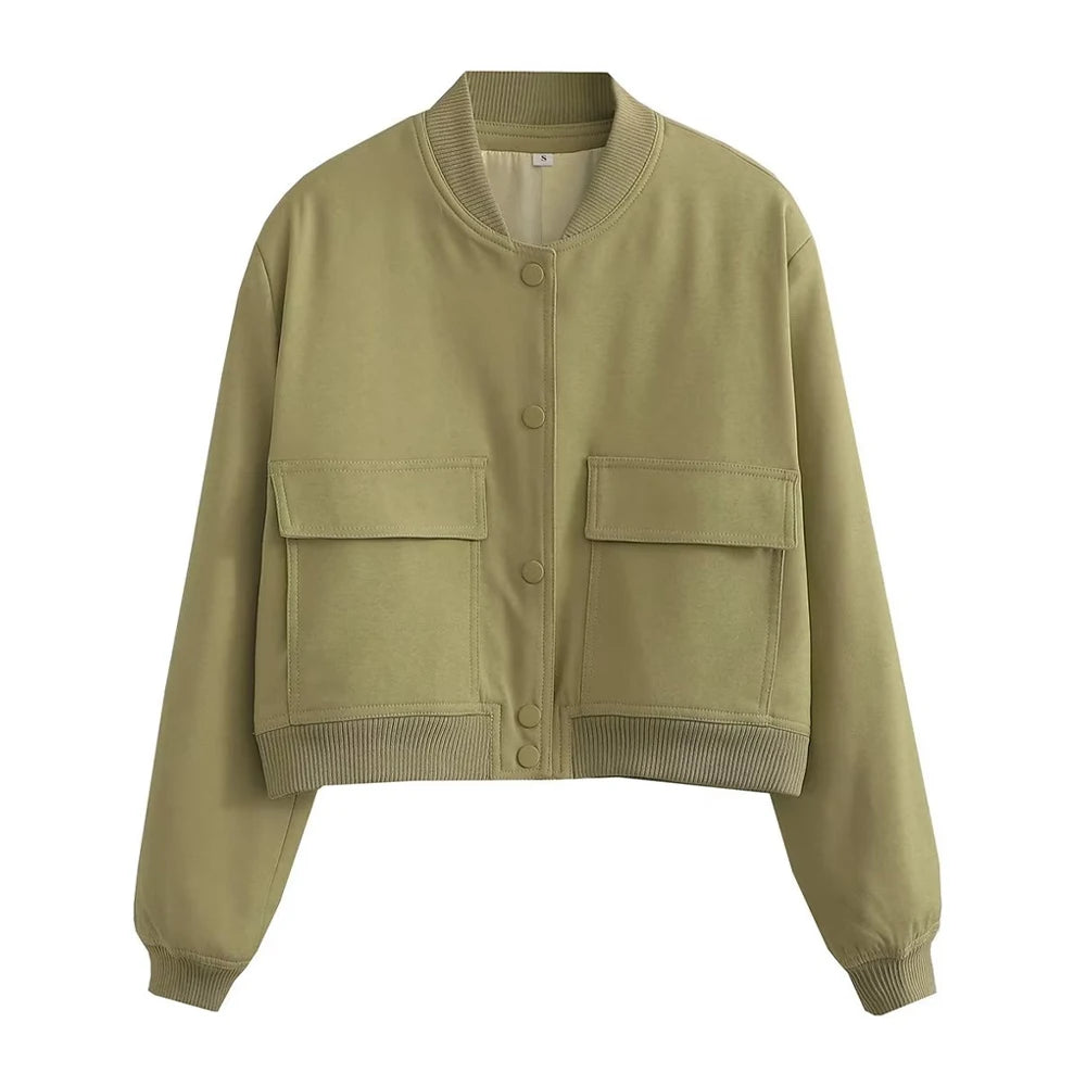 Women Fashion Bomber Jacket With Pockets Casual Vintage Outerwear Coat