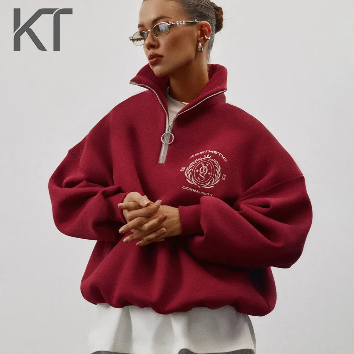 KT Anti-Aging Style Oversized Sweatshirt Women Half Zip High Neck 2026