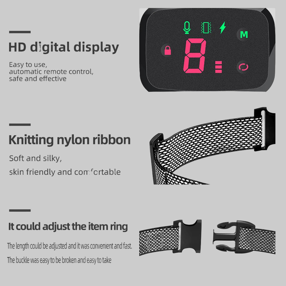 Product features including HD digital display, knitting nylon ribbon, and adjustable item ring on a white background.