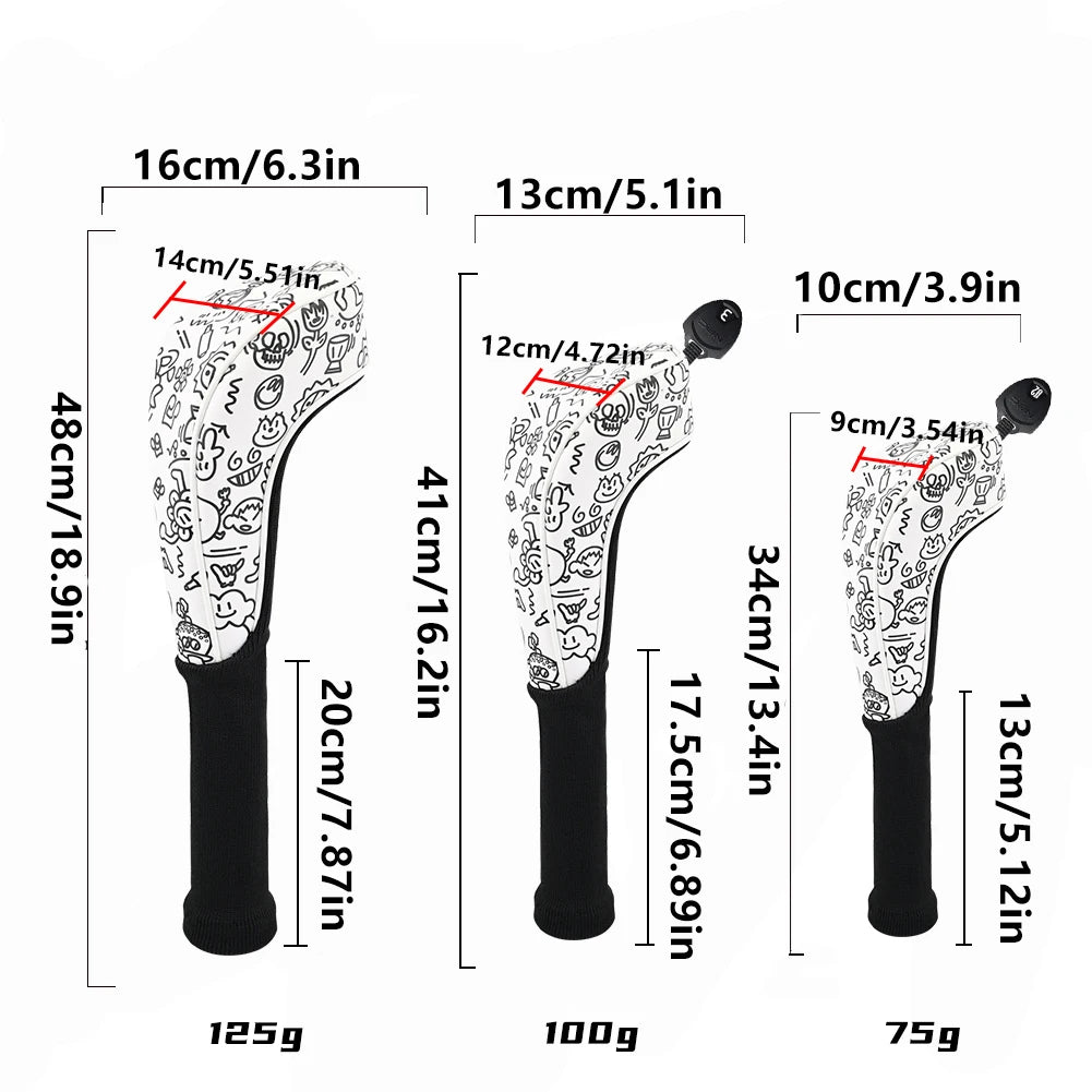 golf club head covers UK - Three golf club head weight options (125g, 100g, and 75g) with detailed measurements of the clubface, shaft, and overall length, displayed on a clean white background.