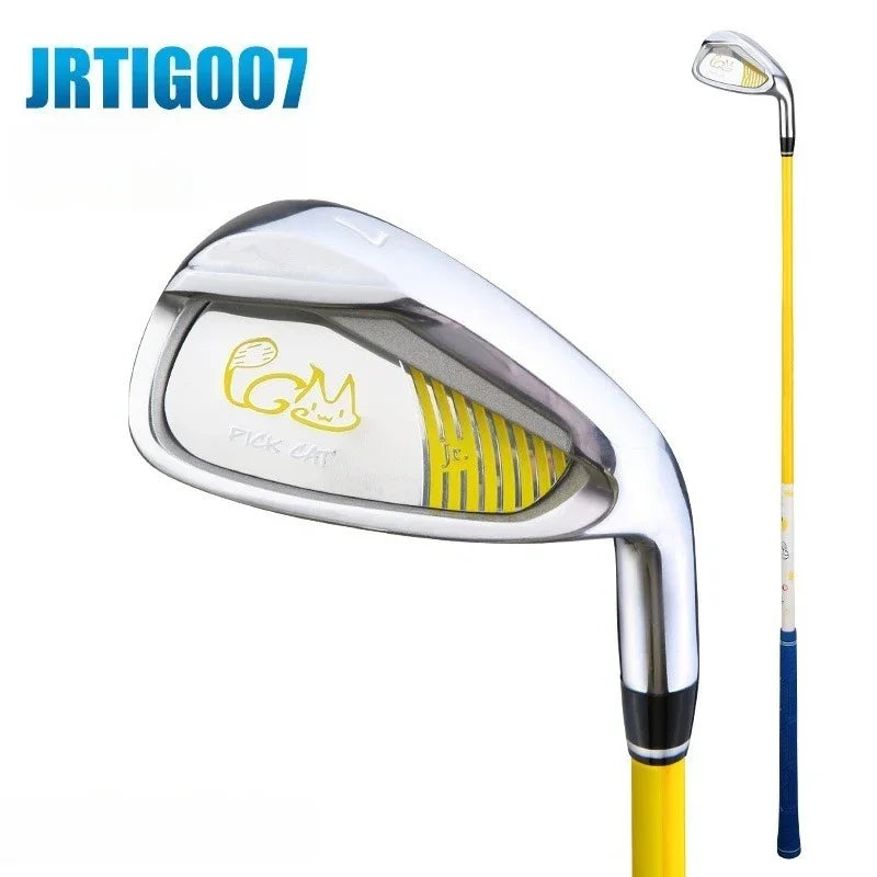 Junior Golf club UK - A golf iron club shown on a white background, with the club head enlarged on the left and the full club on the right. The club has a silver metal head with yellow and white branding, and a yellow and blue shaft.