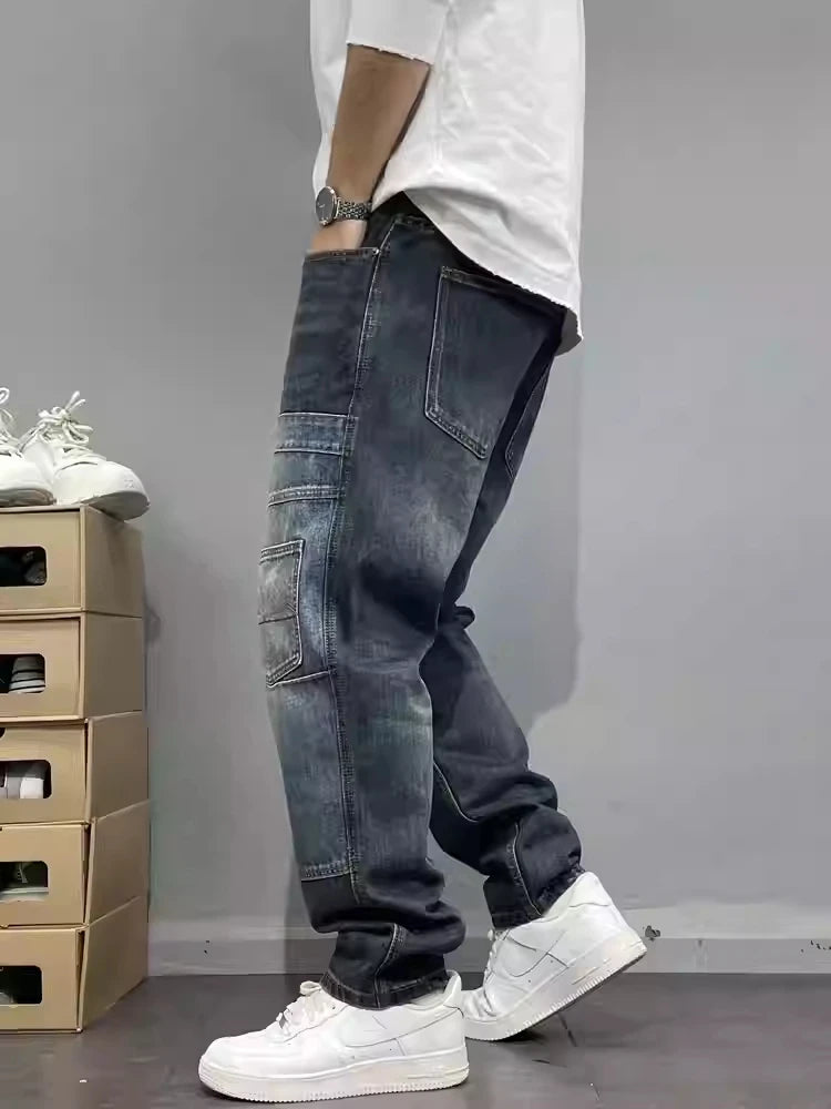 Patchwork Straight Leg Jeans Plus Size – Multi-Pocket Skater Denim