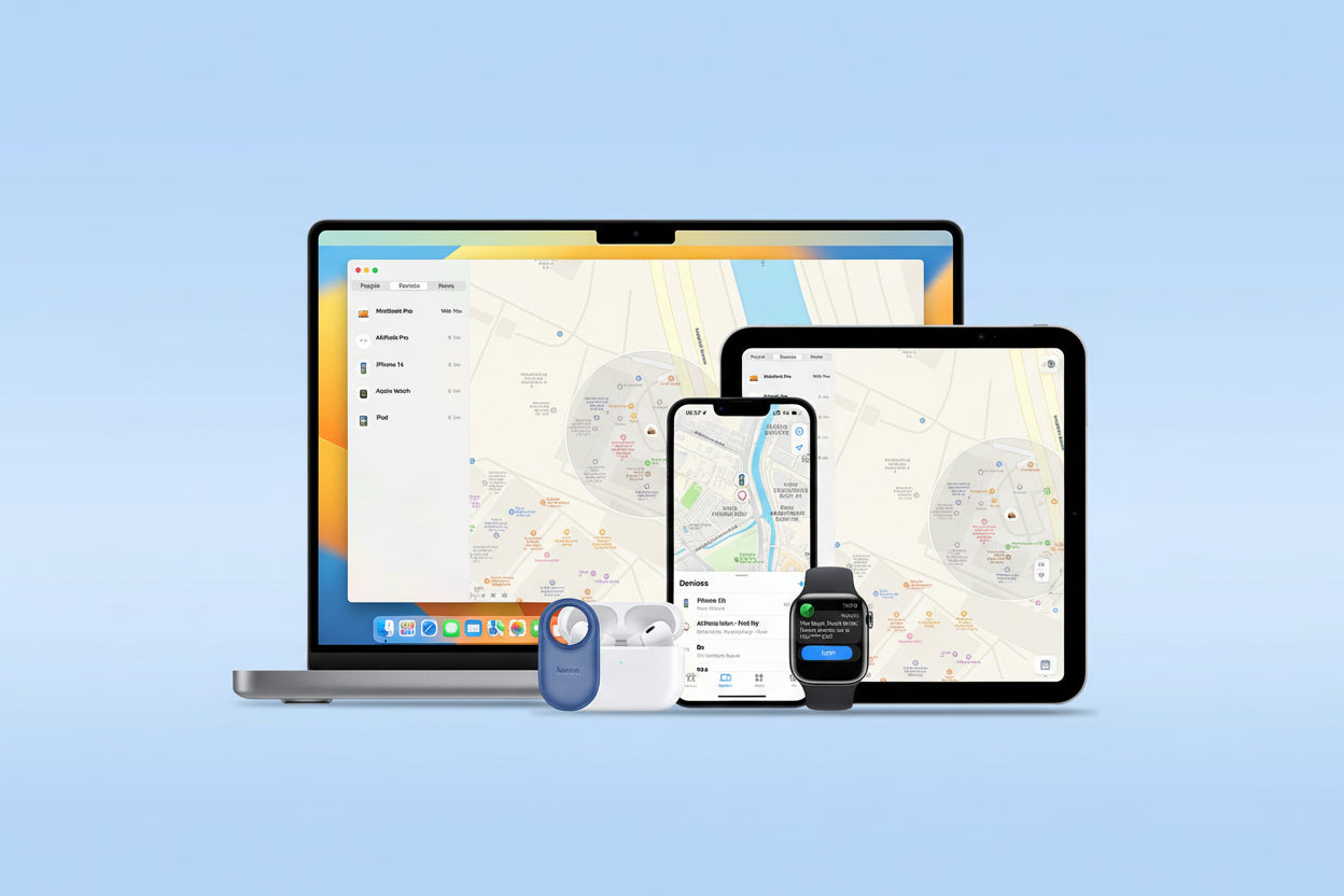 Laptop, smartphone, smartwatch, and earbuds with text about multiple device support on a blue background