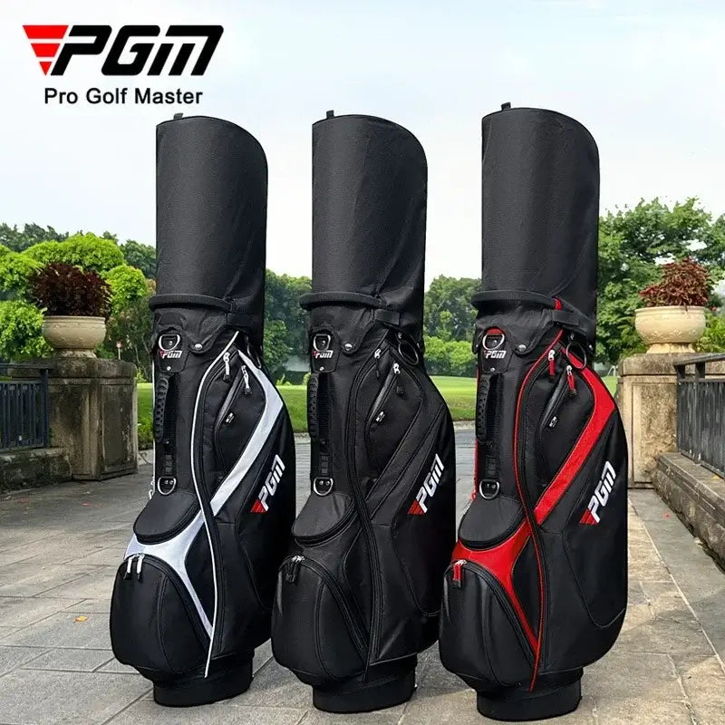Three black golf bags with PGM branding on a pathway with greenery in the background.