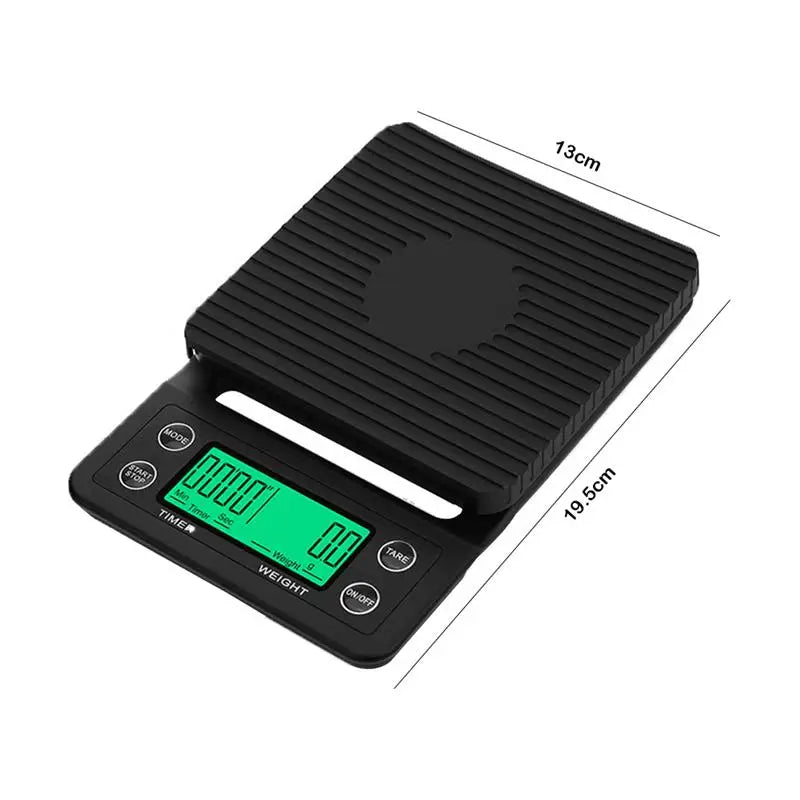 Black digital pocket scale with green display on a white background