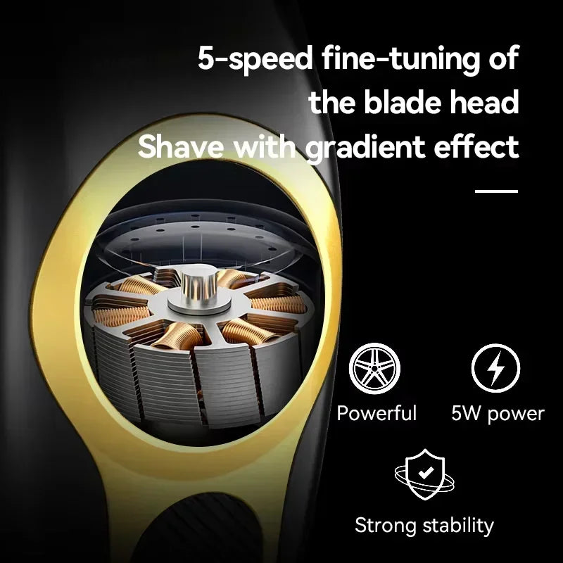 Close-up of a blade head with text highlighting features on a black background