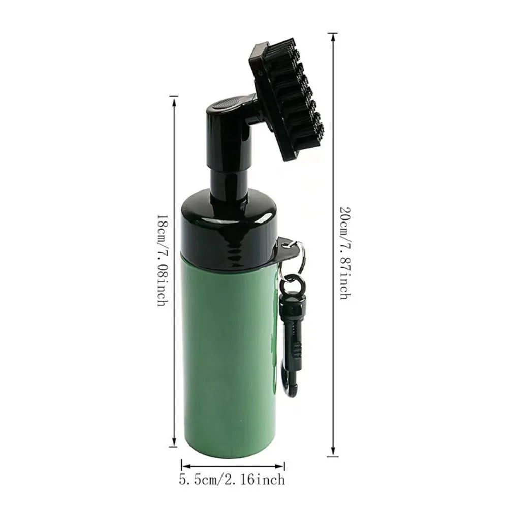 Green spray bottle with black nozzle and keychain, shown with measurements on a white background