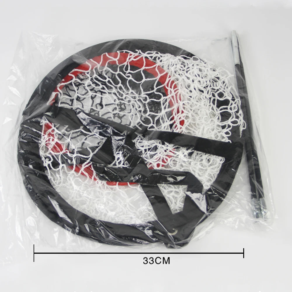 Basketball hoop with net and rim in clear plastic packaging on a white background