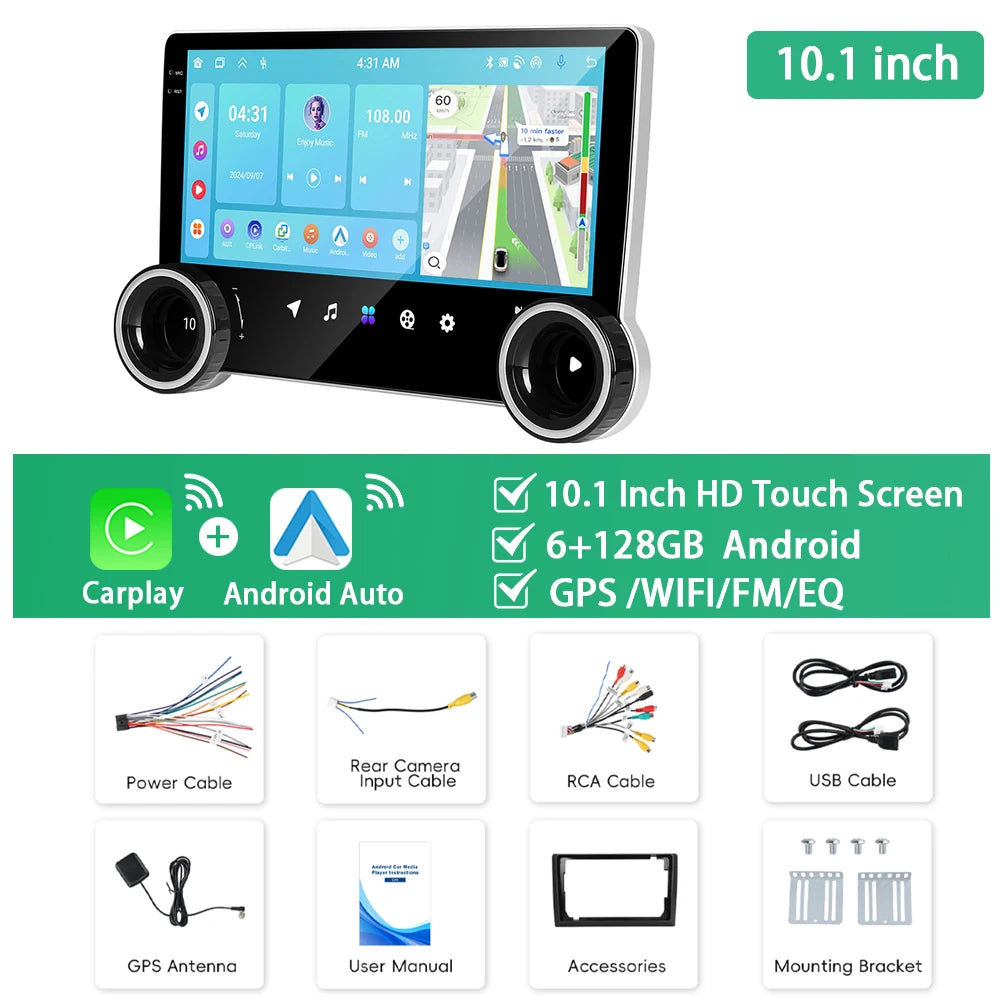 10.1 inch HD touch screen car display with speakers and connectivity options on a white background.