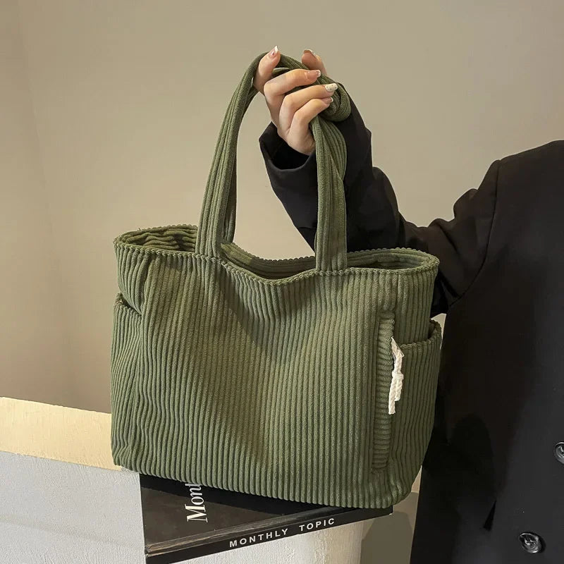 Fashion Striped Velvet Corduroy Shoulder Bag Large Capacity Tote Handbag