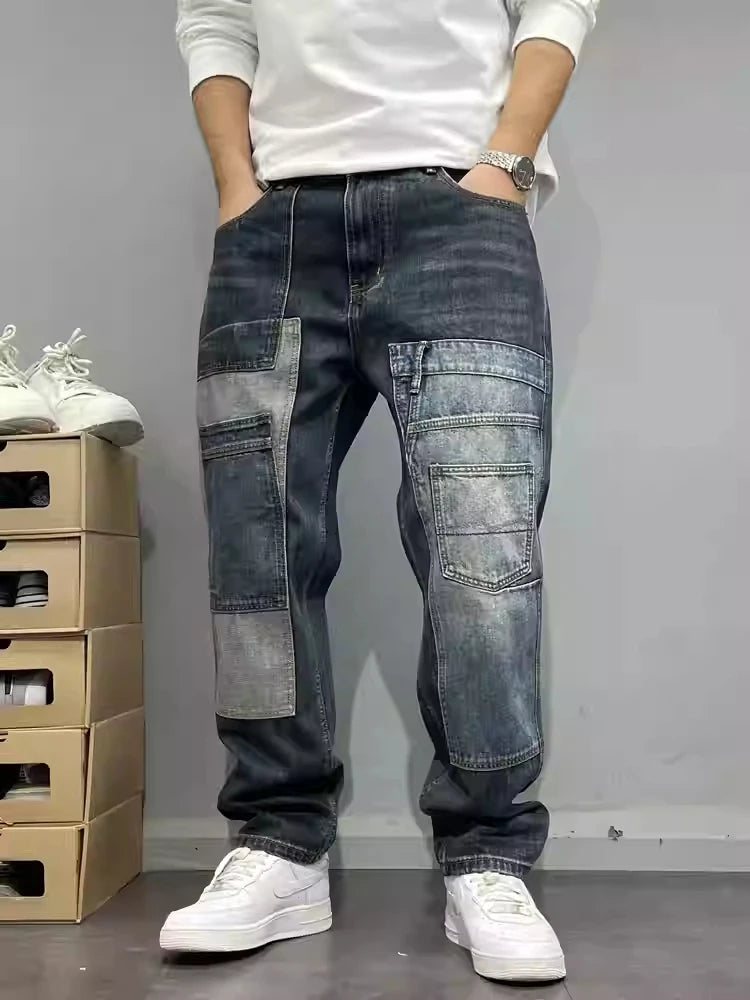 Patchwork Straight Leg Jeans Plus Size – Multi-Pocket Skater Denim