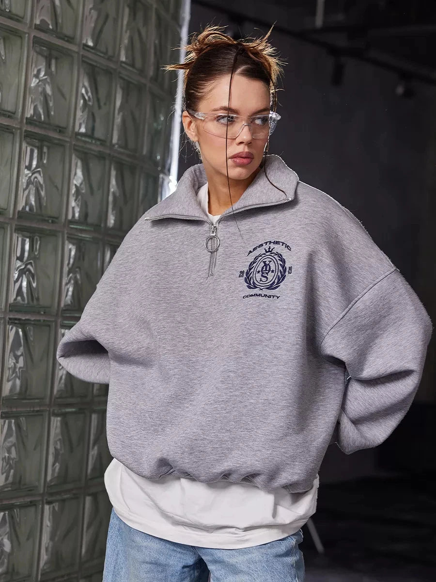 KT Anti-Aging Style Oversized Sweatshirt Women Half Zip High Neck 2026