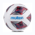 White soccer ball with red and blue patterns and Molten logo on a white background