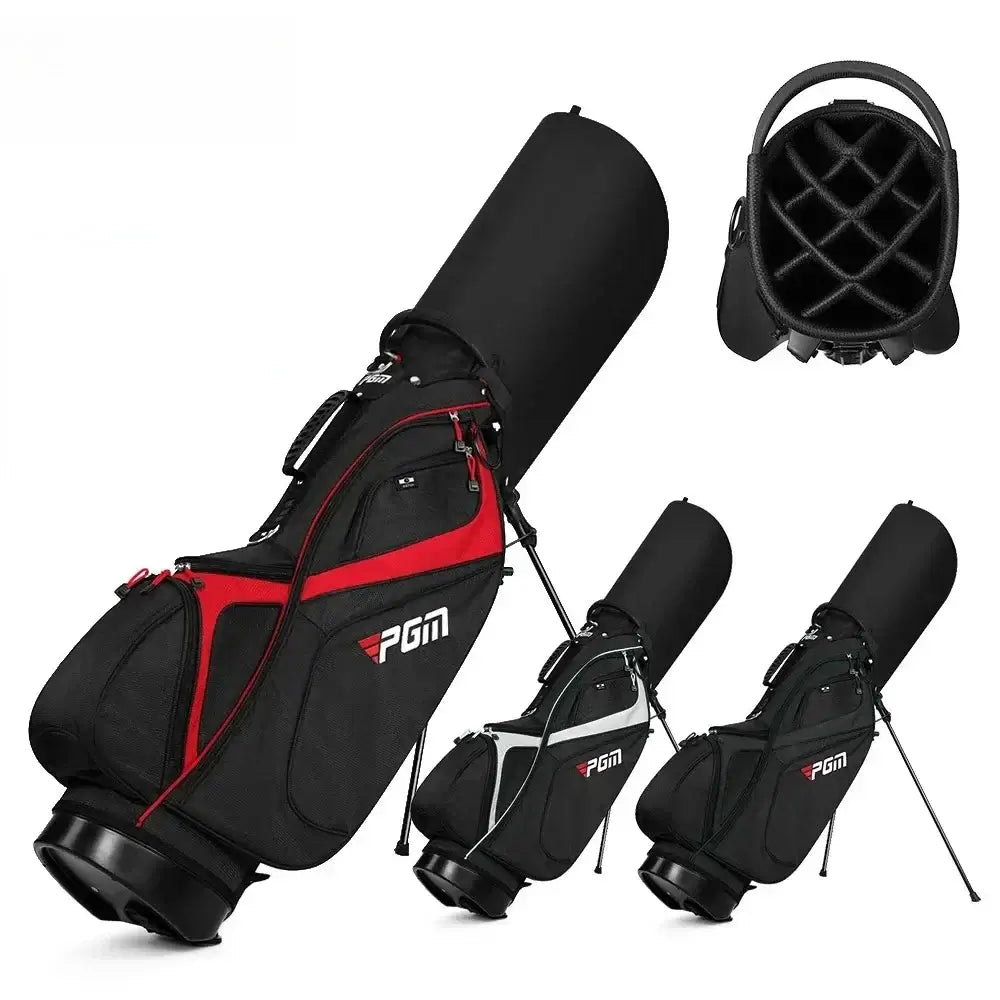 Black and red golf bag with PGM branding, including a stand bag and a caddy bag.