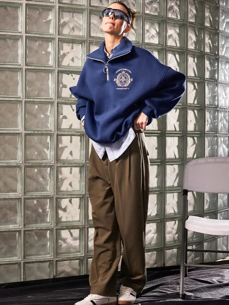 KT Anti-Aging Style Oversized Sweatshirt Women Half Zip High Neck 2026