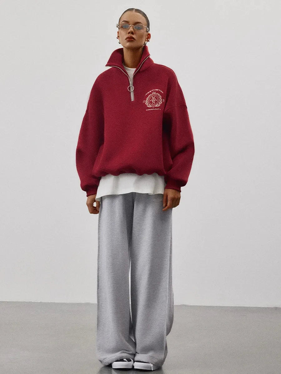KT Anti-Aging Style Oversized Sweatshirt Women Half Zip High Neck 2026
