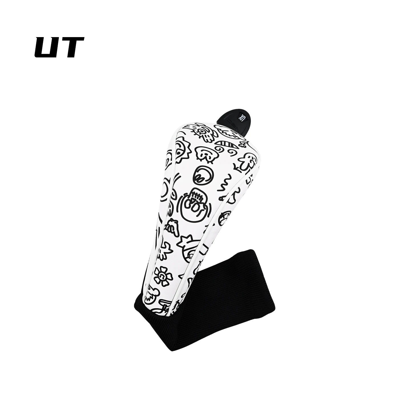 golf club head covers UK - A black and white patterned sleeve or cover with a black top cap and a black rectangular base, shown on a plain white background. The word 'UT' appears in the top left corner.