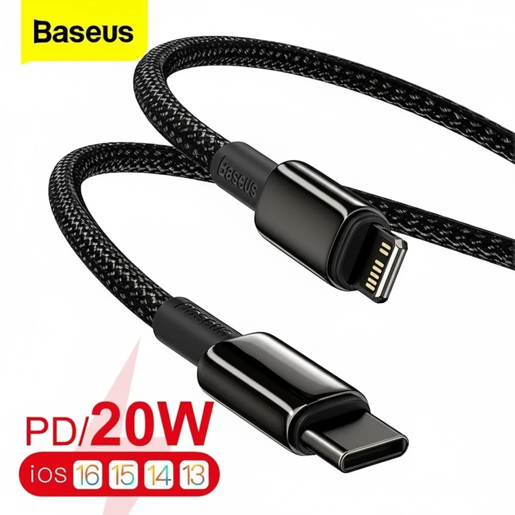 Baseus 20W PD USB-C to Lightning Fast Charging Cable in black with reinforced connectors for iPhone and iPad.