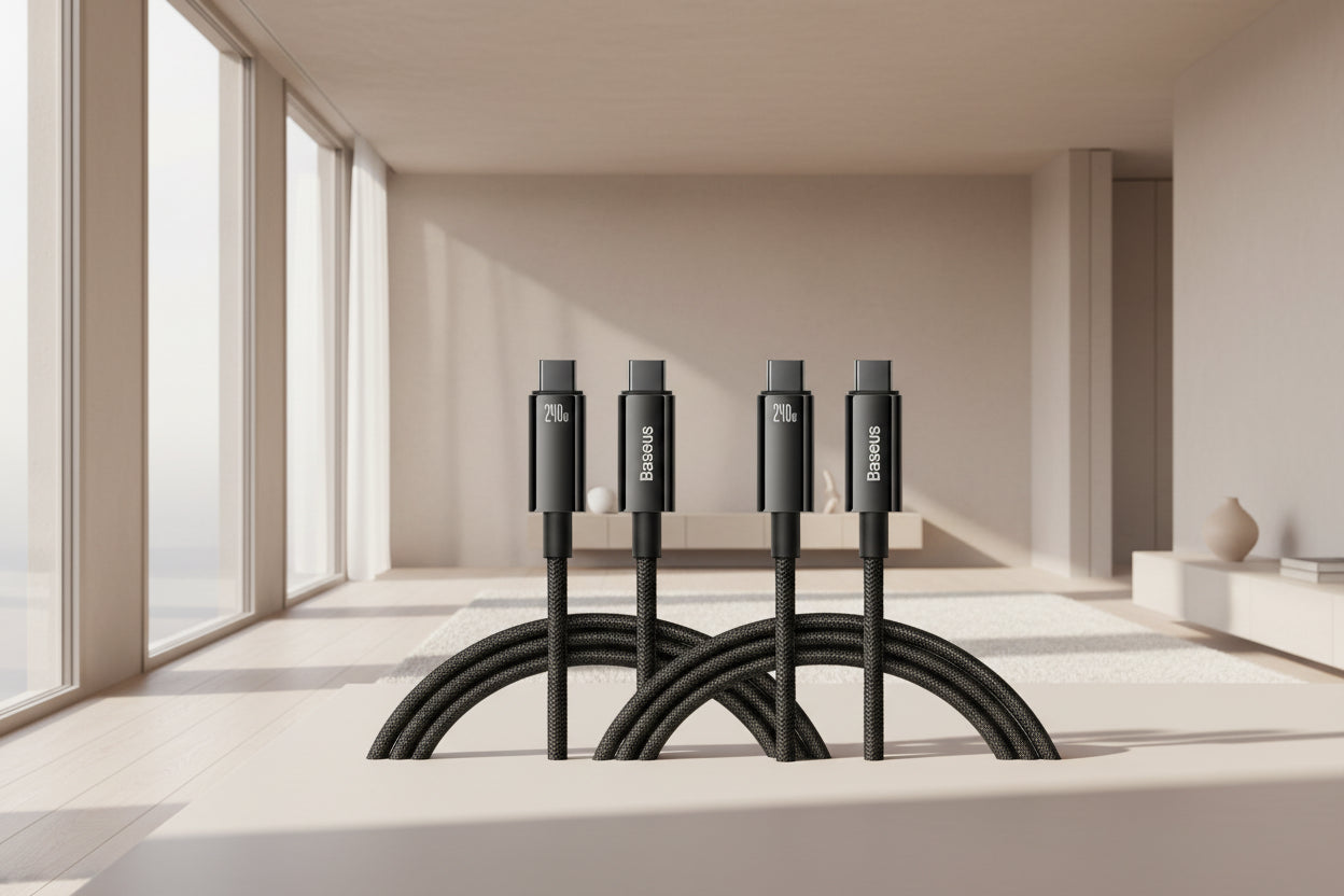 Two black Baseus USB-C cables with 240W rating for iPhone 15 series and MacBook in the living room.