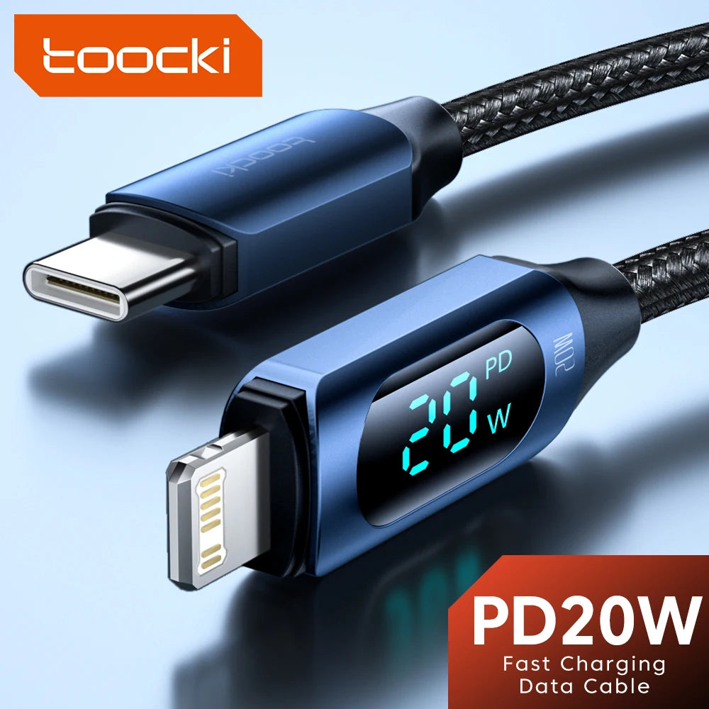 Blue charging cable with digital display on a light blue background, featuring the brand 'toocki'.