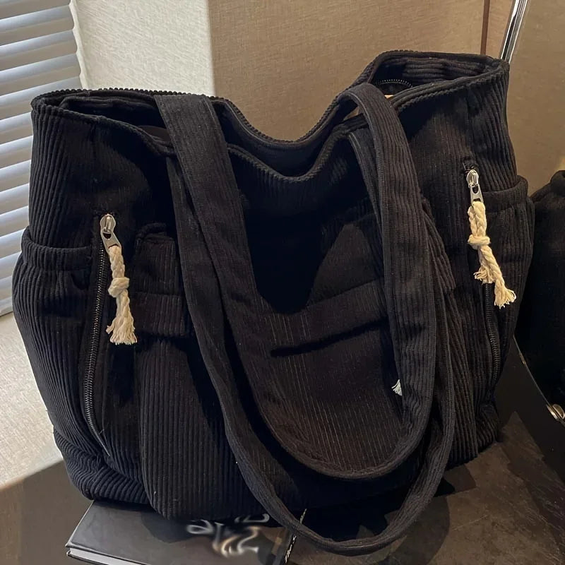 Multi-Pocket Corduroy Women’s Shoulder Tote Bag