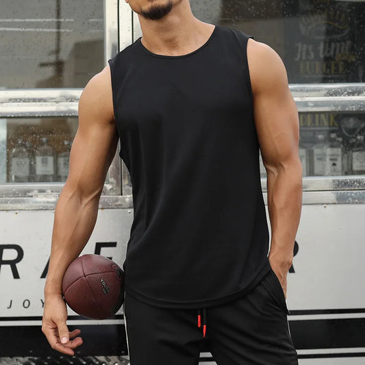 Men’s quick-dry sleeveless gym tank top for running, training, and bodybuilding in breathable athletic fabric.