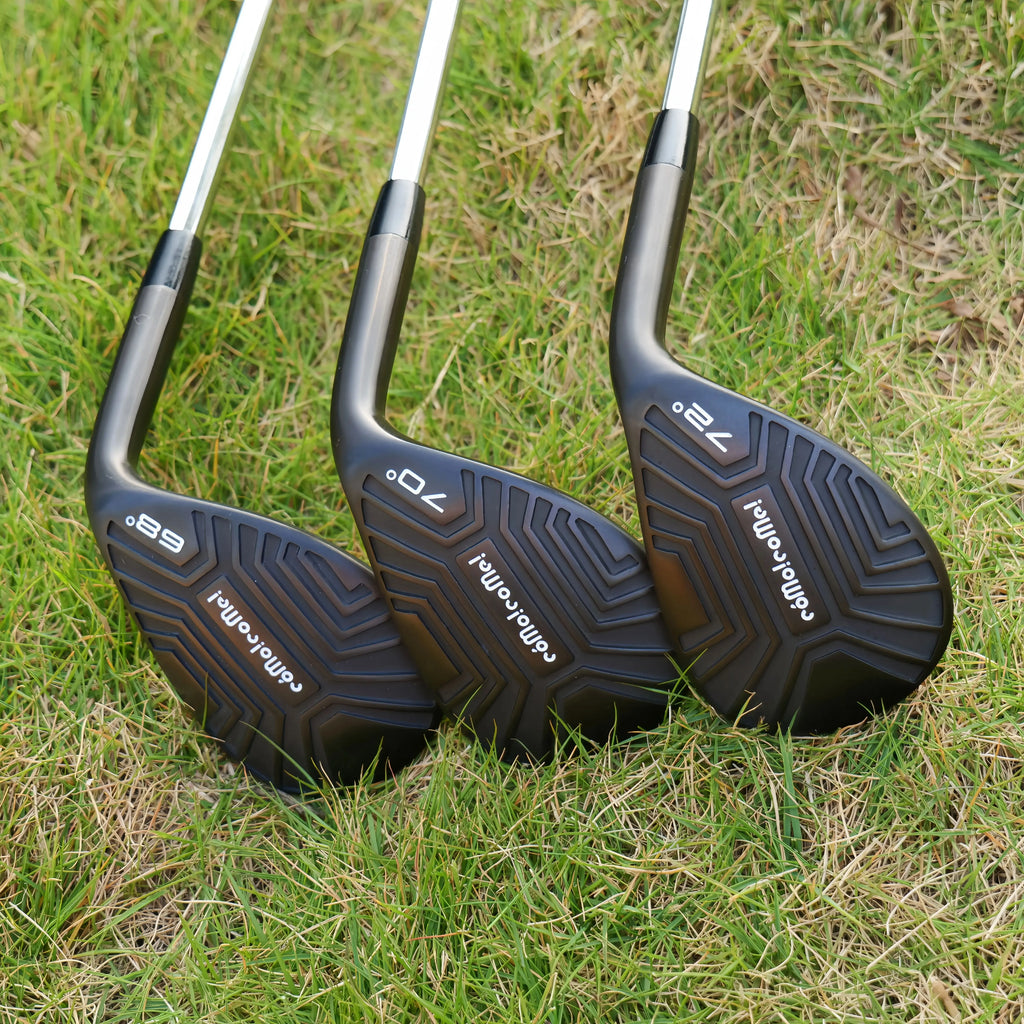 high loft golf wedge UK - Three golf club heads on grass with visible brand name.