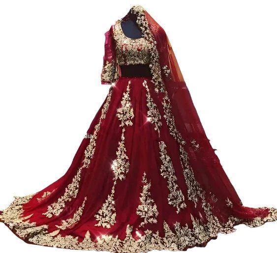 Elegant Arabic Muslim Burgundy wedding dress with half sleeves and a cape veil, featuring sophisticated and modest bridal design.