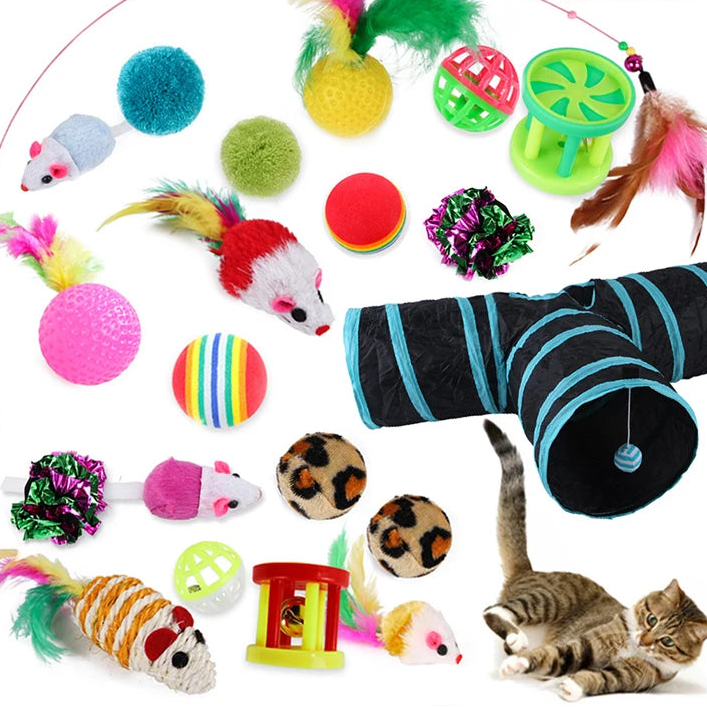 Assorted cat toys including tunnels, balls, and mice with a cat playing with them on a white background.