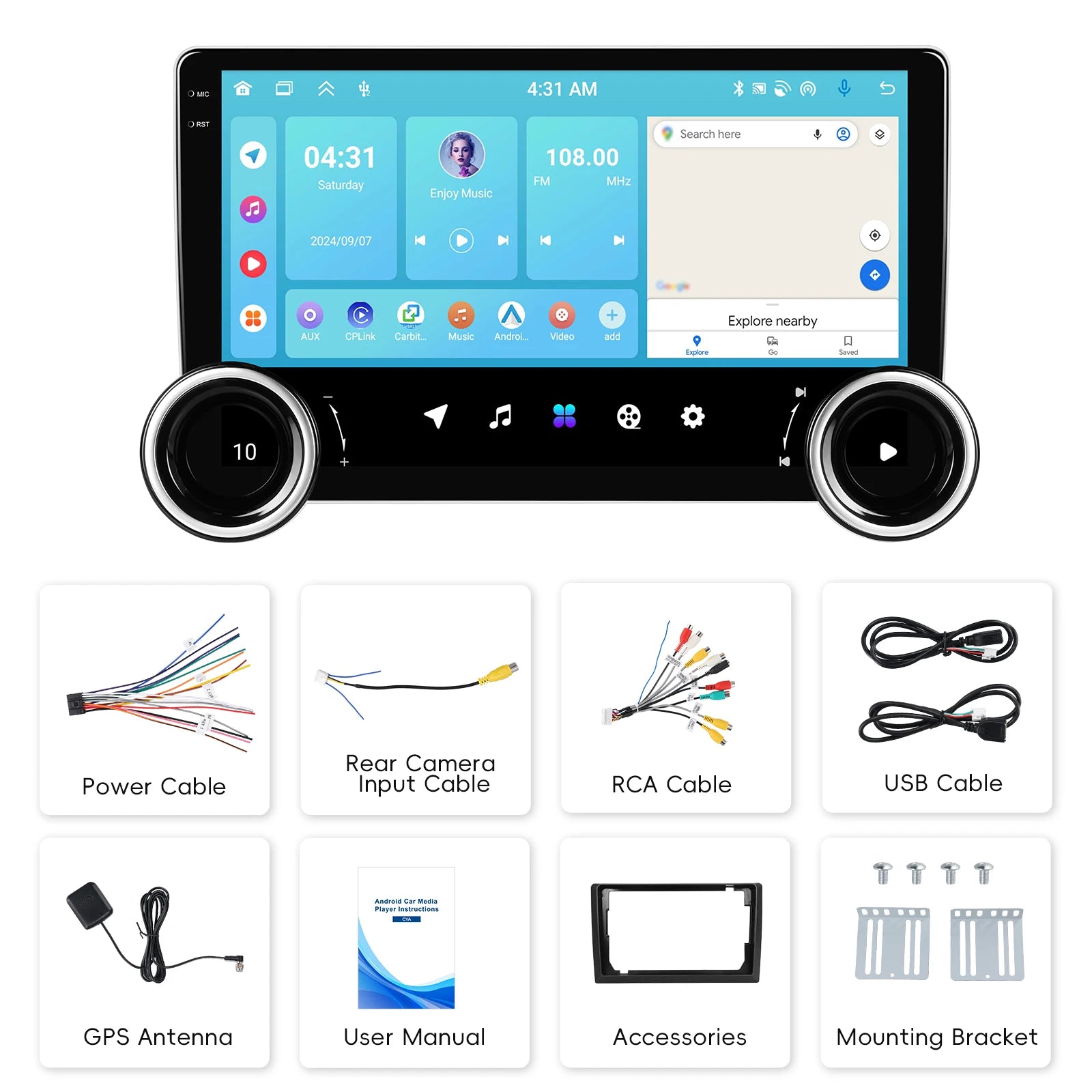Car stereo system with touchscreen display and various accessories on a white background