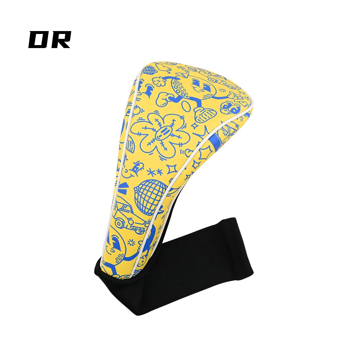 golf club head covers UK with a yellow and blue graffiti-style pattern, displayed on a black stand against a white background. The brand logo 'DR' is visible in the top left corner.