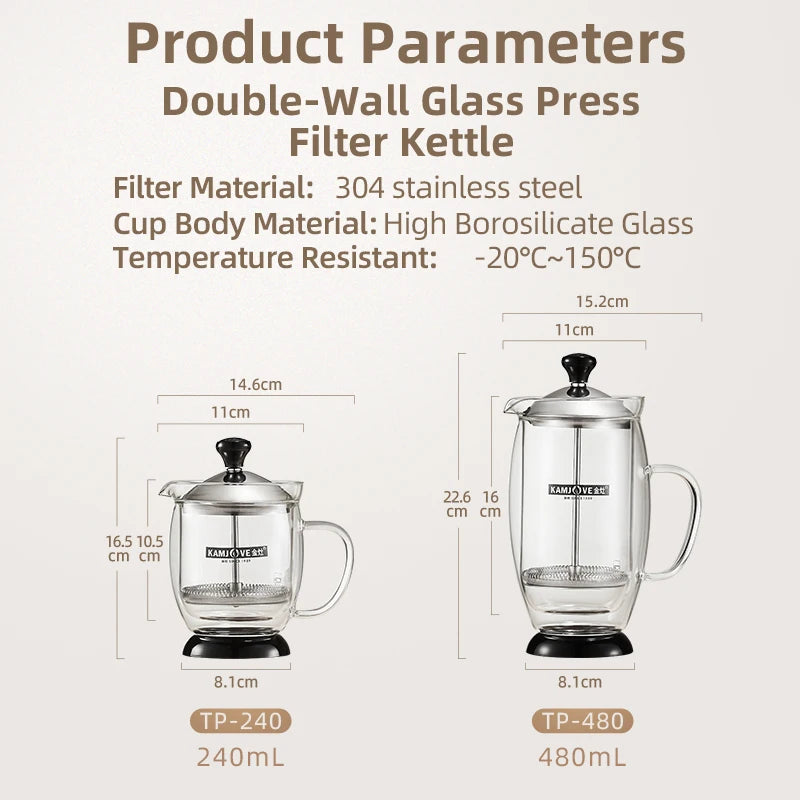 240/480ML Double-walled Glass Teapot with Built-in Infuser,Filtering Tea Water Separation Pot,Heat-resistant Glass Tea Pot Maker