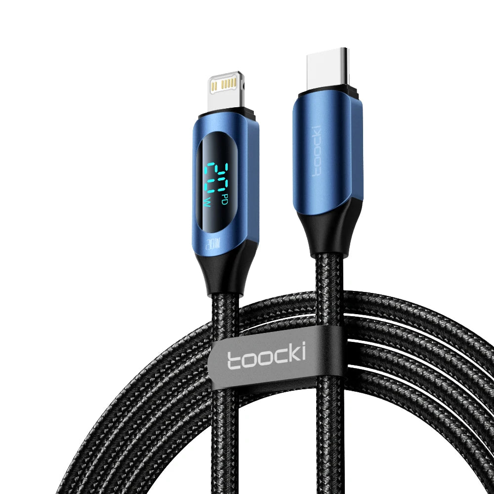 Two charging cables with digital display ends on a white background, branded 'toocki'.