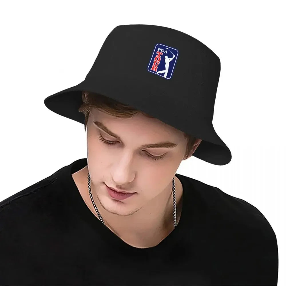 Person wearing a black golf bucket hat UK with an embroidered design on a white background