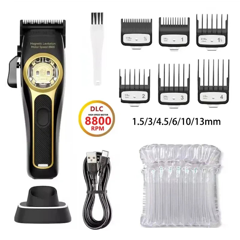 Hair trimmer set with attachments and charging cable on a white background