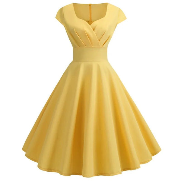Pink V-Neck Summer Midi Dress – Retro Pin-Up Party & Office Style - Adistore