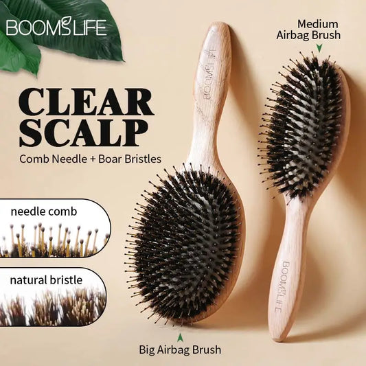 Boar Bristle Hair Brush & Oak Wood Comb – Scalp Massage & Detangling - Adistore