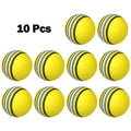 10 yellow foam golf balls UK  with black and gray stripes on a white background