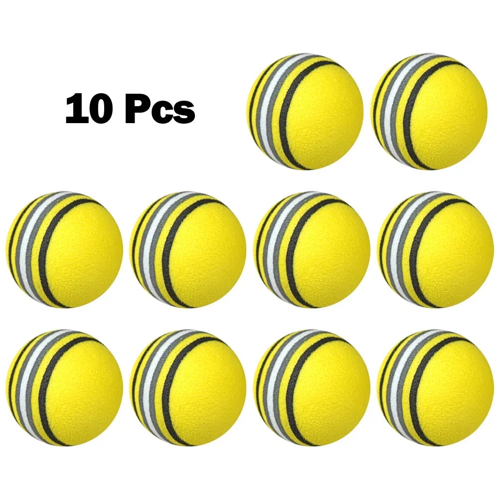 10 yellow foam golf balls UK  with black and gray stripes on a white background