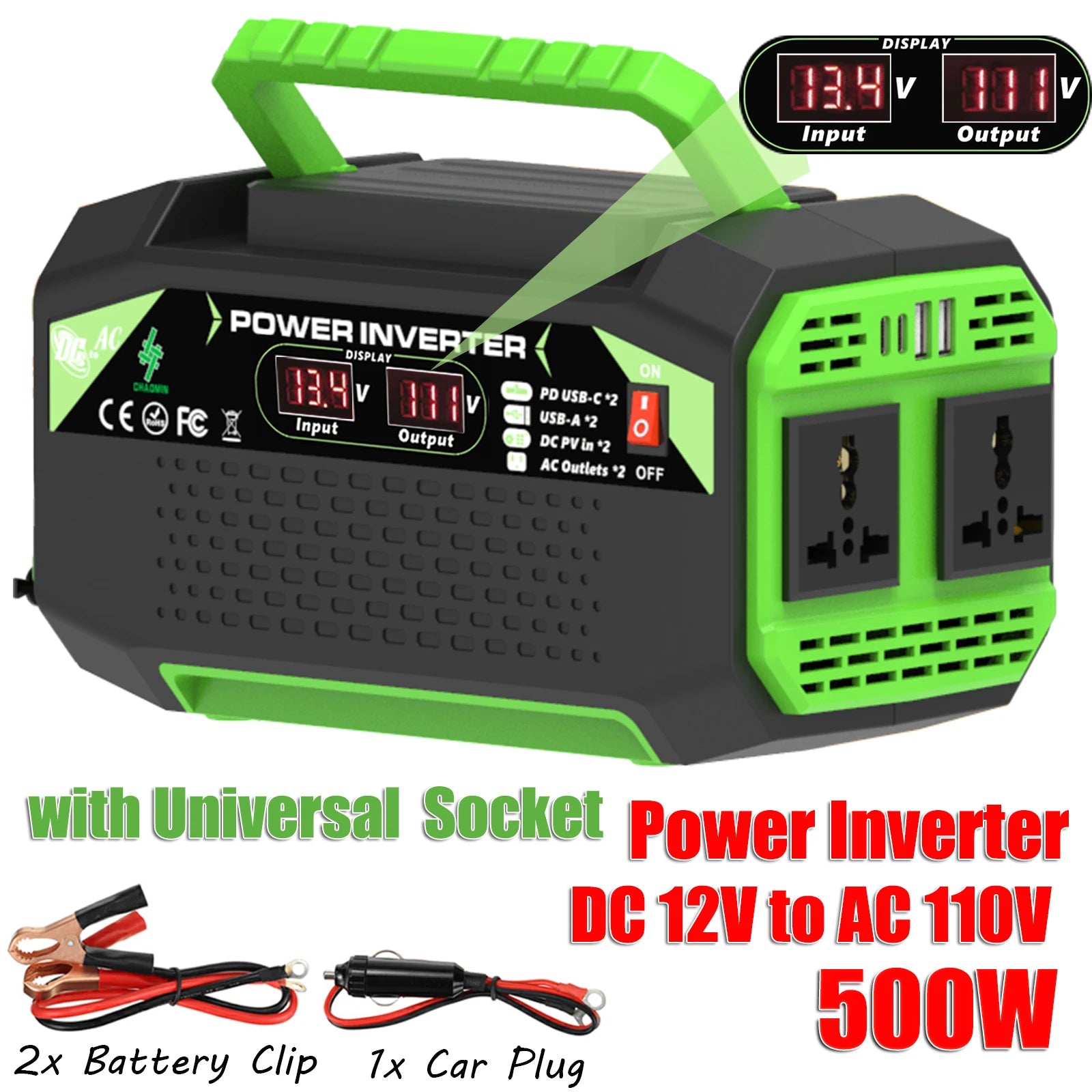 500W 12V to AC Power Inverter with USB & Type-C