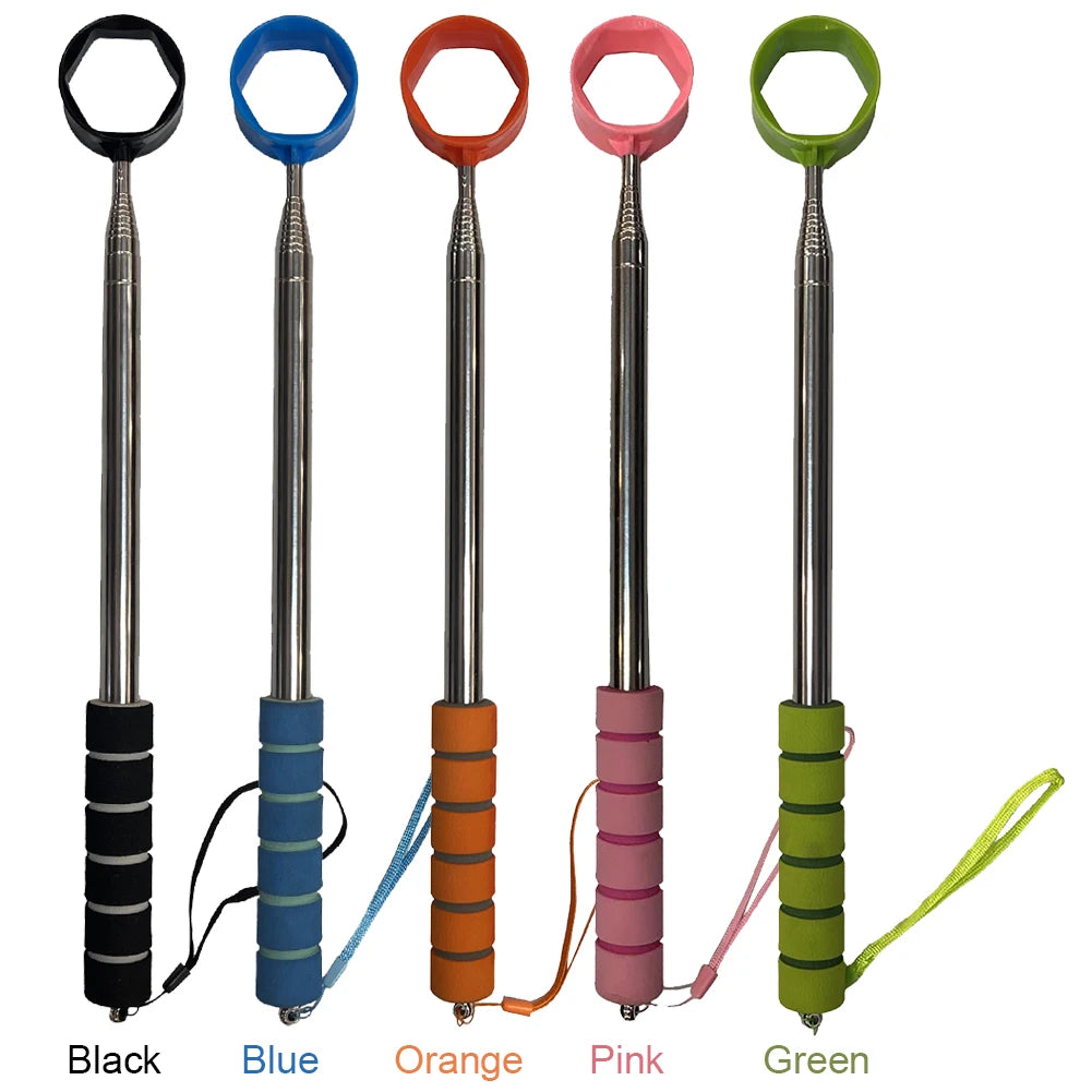 Five telescopic sticks in different colors with colored handles on a white background.