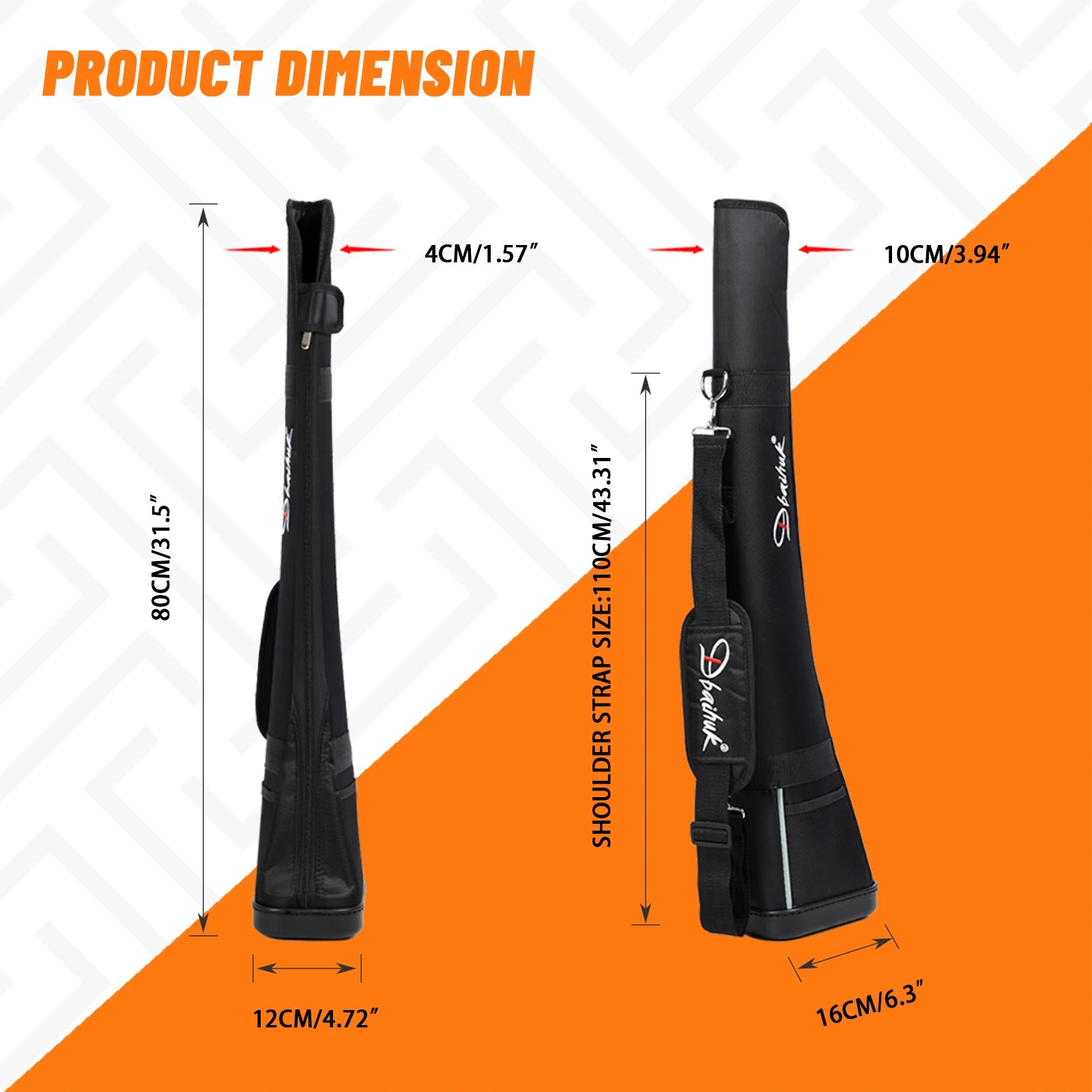 golf gun bag UK - Product dimension diagram showing a black guitar or bass carrying case from two angles with labeled measurements: 80 cm tall, 12 cm wide, and 16 cm deep, plus strap size 110 cm. The image has an orange diagonal background section and text reading 'PRODUCT DIMENSION'.