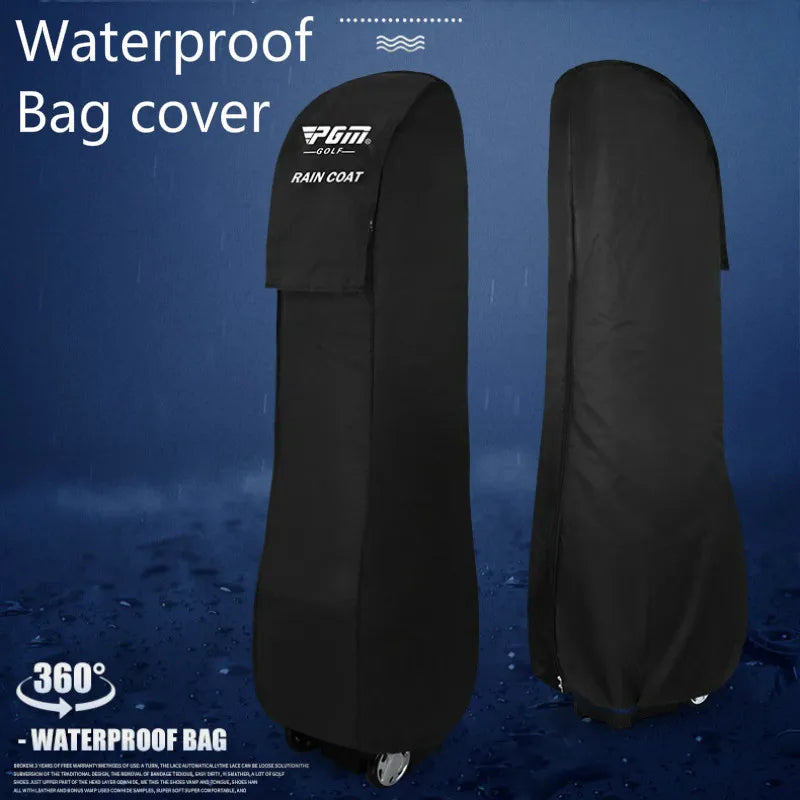 Black waterproof bag cover with brand logo on a blue background