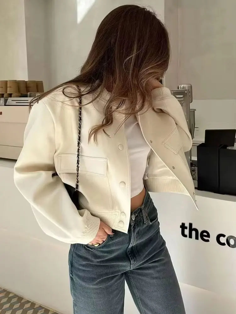 Women Fashion Bomber Jacket With Pockets Casual Vintage Outerwear Coat