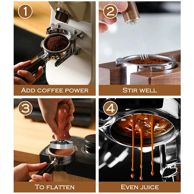 Step-by-step process of making coffee using a manual coffee press.